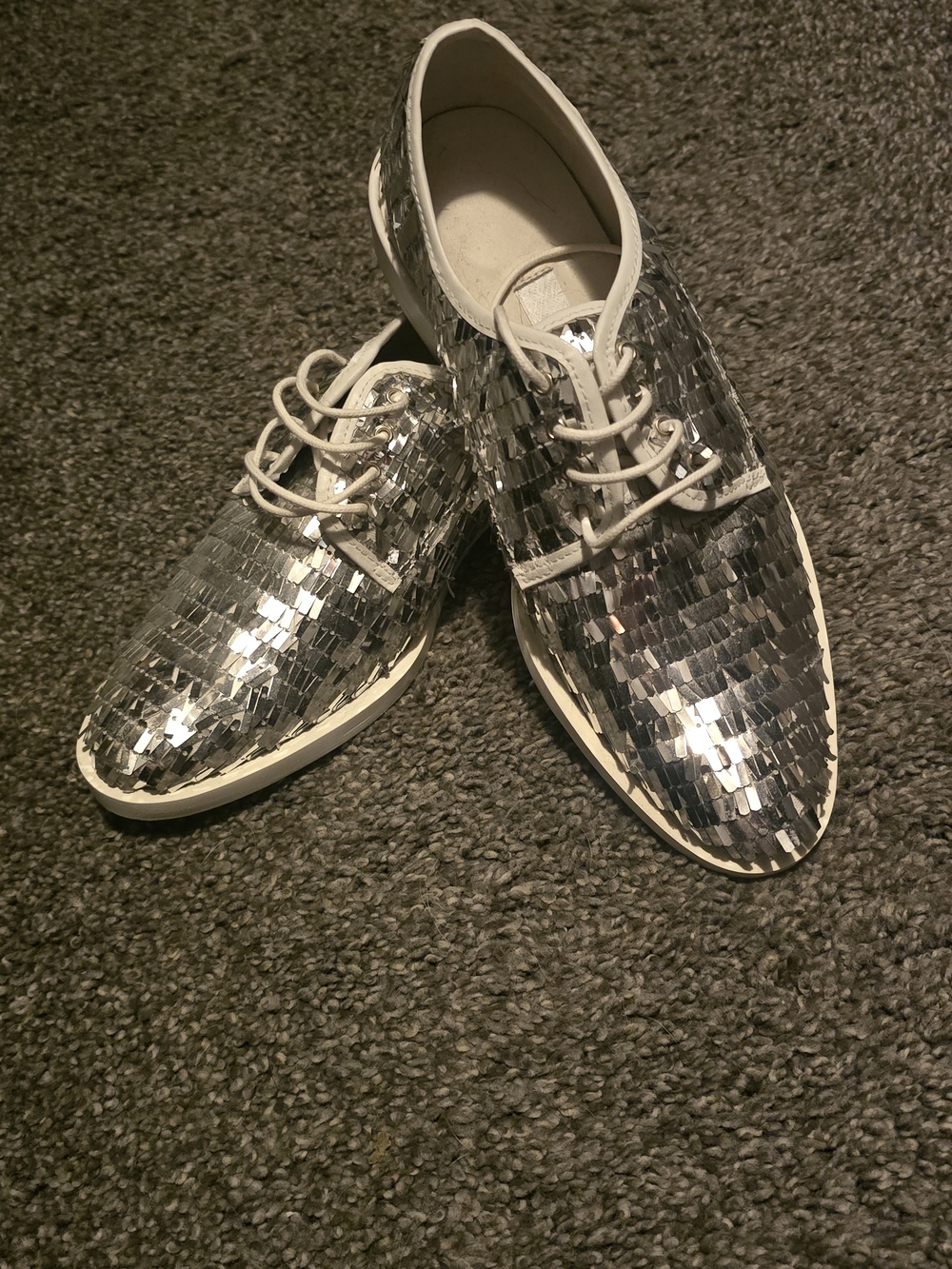 NWT- Miista- Silver Sequin Lace-Up Loafers